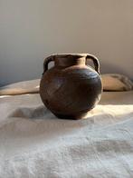 Vintage ceramic bruin wabisabi vaas met grepen h15cm, Overige kleuren, Aardewerk of Porselein, Ophalen of Verzenden, Zo goed als nieuw