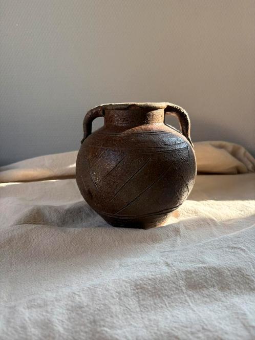 Vintage ceramic bruin wabisabi vaas met grepen h15cm, Huis en Inrichting, Woonaccessoires | Vazen, Zo goed als nieuw, Overige kleuren