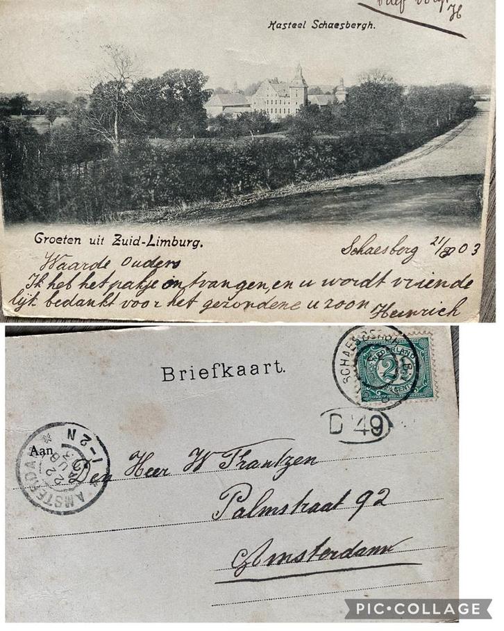 Oude briefkaart Schaesberg 1903 naar Amsterdam, Antiek en Kunst, Antiek | Overige Antiek, Ophalen of Verzenden