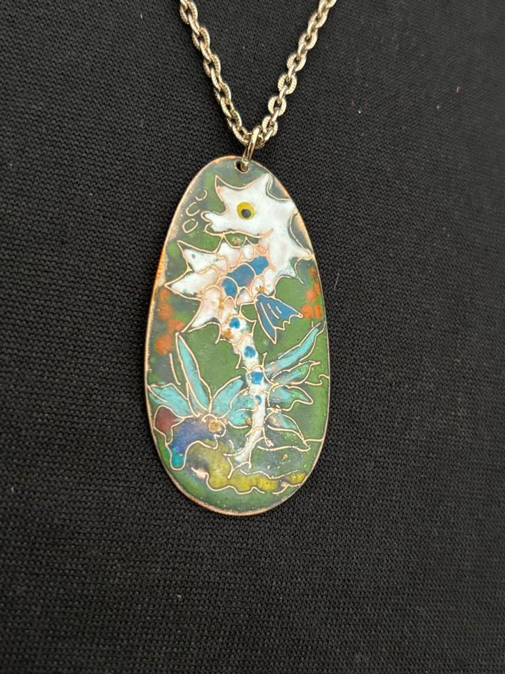 Vintage cloisonné emaille zeepaardje kettinghanger, Sieraden, Tassen en Uiterlijk, Kettingen, Gebruikt, Overige materialen, Rood