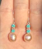 Unieke zilveren oorbellen met roze parels. Geheel zilver, Hangers, Verzenden, Nieuw, Met edelsteen