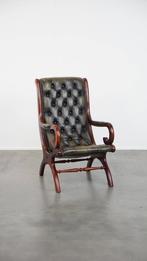 Groene Engelse stijl rundleren chesterfield fauteuil, Huis en Inrichting, Fauteuils, Ophalen, Gebruikt, ., Klassiek