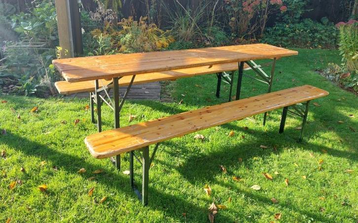 Biertafel, set tafel en 2 x bank, inklapbaar, Tuin en Terras, Picknicktafels, Gebruikt, Rechthoekig, Hout, Inklapbaar, Ophalen