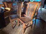 Vier indonesisch eiken houten eetkamerstoelen, Huis en Inrichting, Ophalen, Gebruikt, Bruin, Vier