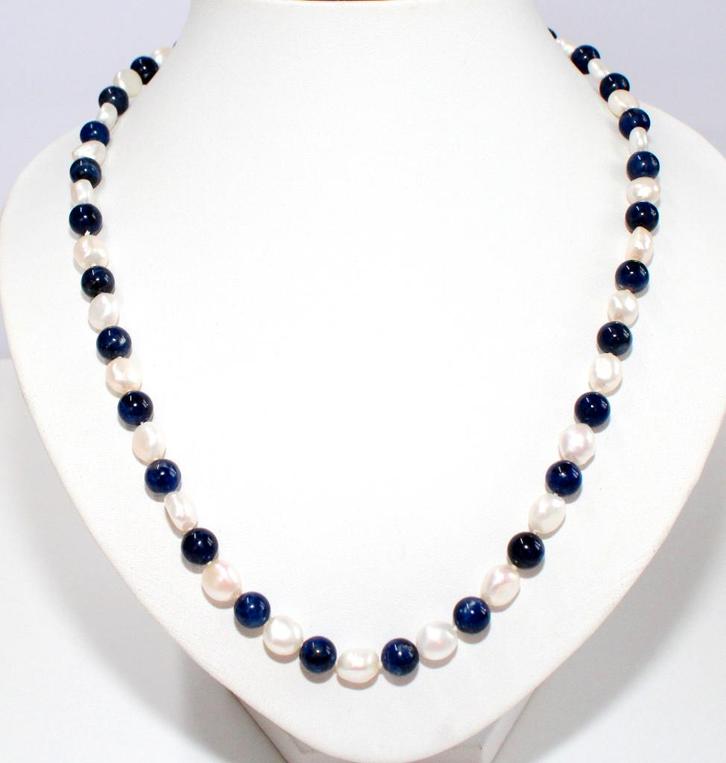 Prachtige 55 CM Zilver Lapis Lazuli & Zoetwater Parelketting, Sieraden, Tassen en Uiterlijk, Antieke sieraden, Ketting, Zilver