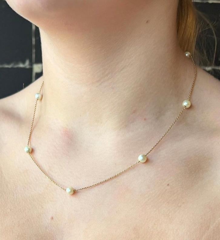 Parel anker schakel ketting 14k goud vintage dames fraai, Sieraden, Tassen en Uiterlijk, Kettingen, Zo goed als nieuw, Goud, Goud