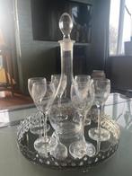 Leuke gegraveerde/geëtste Set: Karaf met 6 likeurglaasjes, Antiek en Kunst, Ophalen of Verzenden