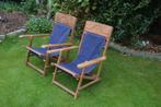 2 teakhouten stoelen met houtsnijwerk in de rug/ deckchairs, Hout, Gebruikt, Twee, Bruin