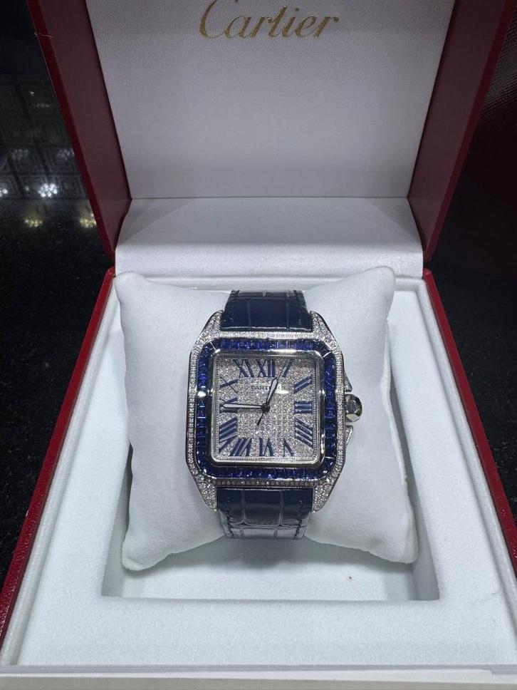 Cartier santos XL 15ct diamonds vvs/F +saphire blue 7ct, Sieraden, Tassen en Uiterlijk, Horloges | Heren, Nieuw, Polshorloge, Overige merken