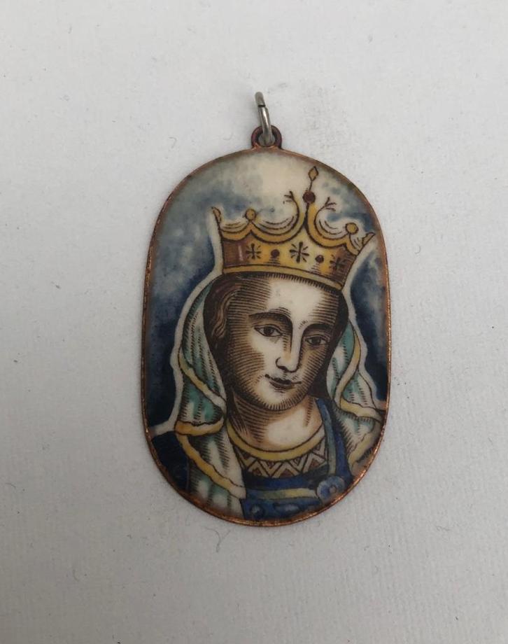 Antieke religie emaille Madonna hanger, Sieraden, Tassen en Uiterlijk, Antieke sieraden, Hanger, Koper, Ophalen of Verzenden