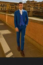 Uniek Italiaans trouwpak: 3 delig blauw Guglielmo G. Maat 48, Ophalen, Zo goed als nieuw, Overige kleuren, Trouwpak