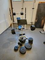 Halterbank met gewichten, Sport en Fitness, Fitnessmaterialen, Ophalen, Gebruikt, Buik, Fitnessbank