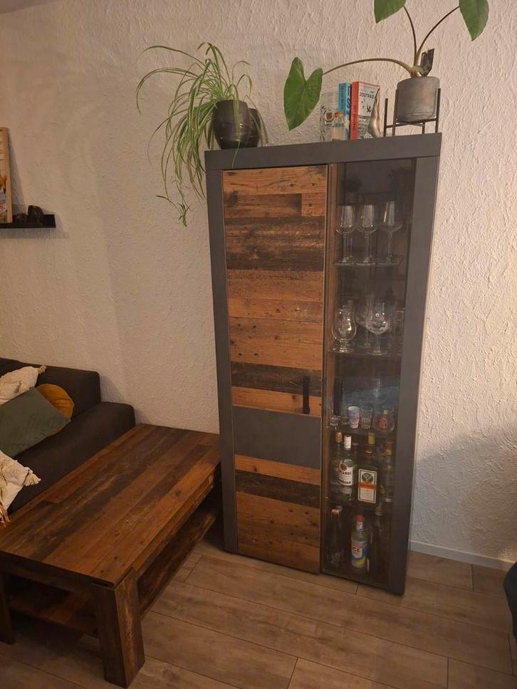Vitrinekast met (eventueel) salontafel - Hout en glas, Huis en Inrichting, Kasten | Vitrinekasten, Gebruikt, 150 tot 200 cm, 50 tot 100 cm