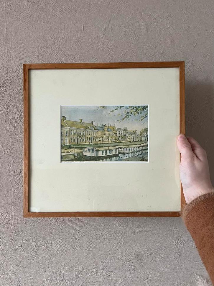 Vintage schilderij in lijst Spilsluizen Groningen boten, Huis en Inrichting, Woonaccessoires | Lijsten, Minder dan 50 cm, Hout