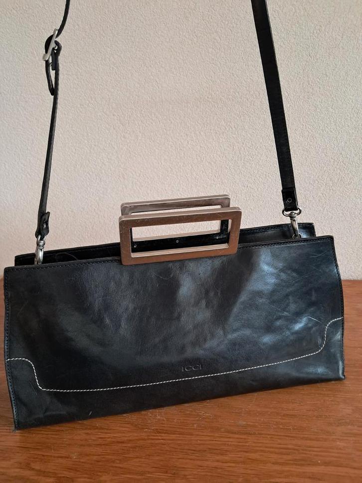 Zwarte leren hand/schoudertas van ICCI., Sieraden, Tassen en Uiterlijk, Tassen | Damestassen, Zo goed als nieuw, Ophalen of Verzenden