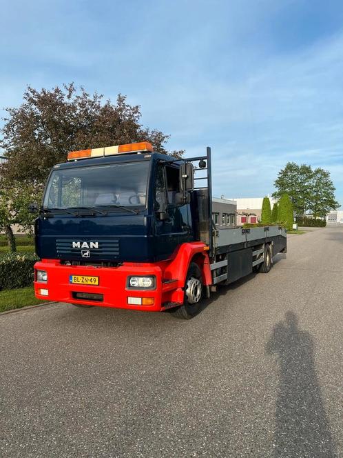 MAN oprijwagen machine transporter, Auto's, Vrachtwagens, Bedrijf, MAN, Diesel, Euro 3, Handgeschakeld, Blauw, Grijs, Stof, Ophalen