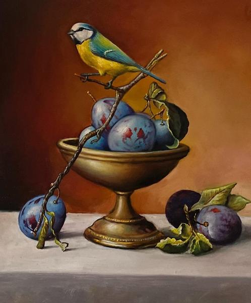 Alfonso Moreno stilleven pimpelmees en pruimen op paneel., Antiek en Kunst, Kunst | Schilderijen | Klassiek, Ophalen of Verzenden