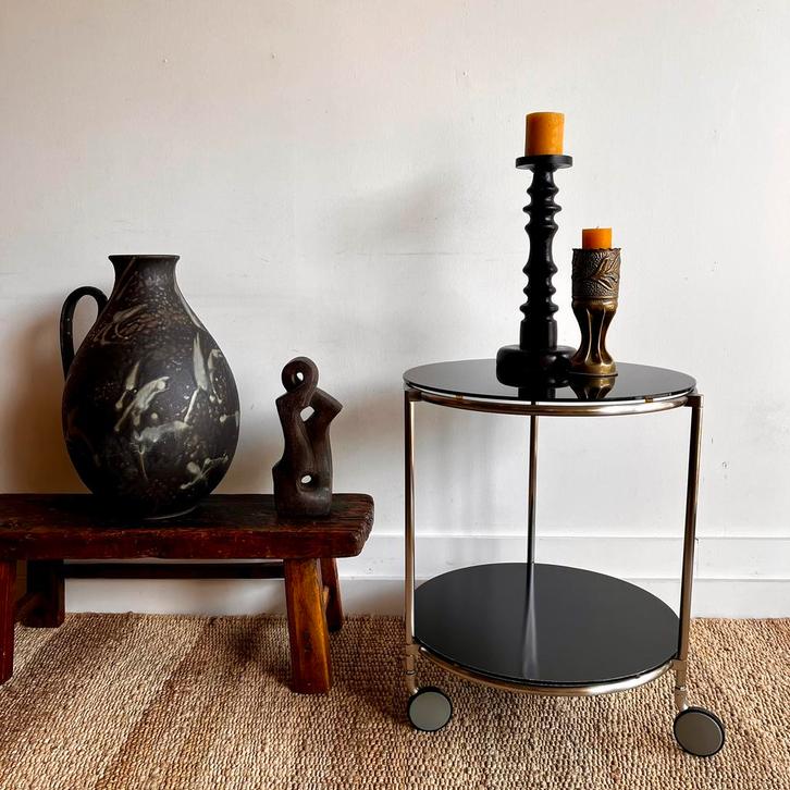 GREEN SALE RVS en zwart glas trolley IKEA 80’s vintage, Huis en Inrichting, Tafels | Bijzettafels, Zo goed als nieuw, Rond, 60 cm of meer