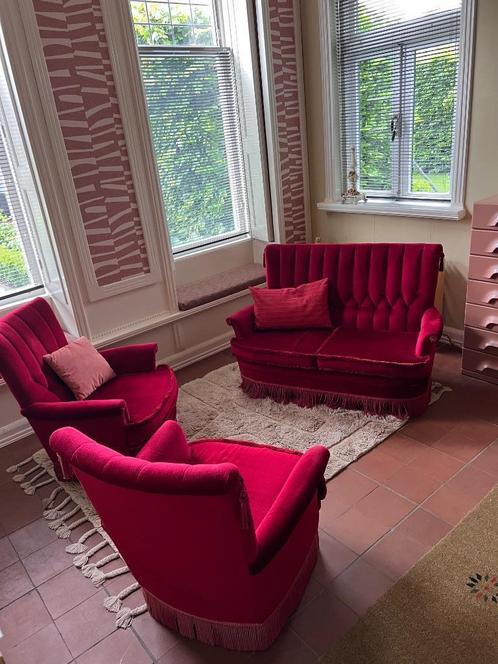 Vintage retro boudoir fauteuils met bank, Huis en Inrichting, Fauteuils, Zo goed als nieuw, Hout, Stof, Overige materialen, 75 tot 100 cm
