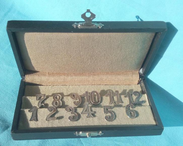 ZILVER ART DECO TAFELNUMMERS ALPACCA GLASHANGERS IN ETUI, Antiek en Kunst, Curiosa en Brocante, Verzenden