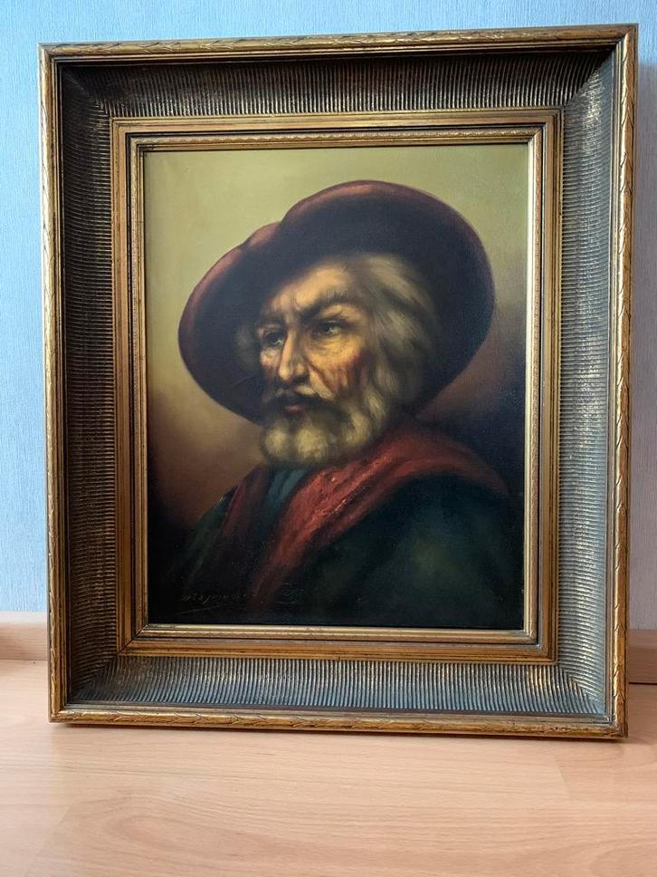 Klassiek schilderij man met hoed in gouden lijst, Antiek en Kunst, Kunst | Schilderijen | Klassiek, Ophalen