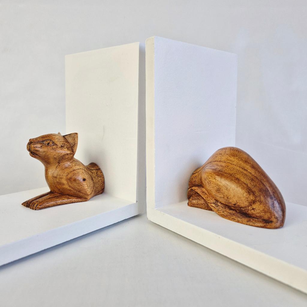 Vintage houten boekensteun met Kat, Nvt Vintage item, Gebruikt, Verzenden, Nvt Vintage item