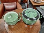 2 Groene emaille pannen, compleet met deksel., Antiek en Kunst, Antiek | Emaille, Verzenden