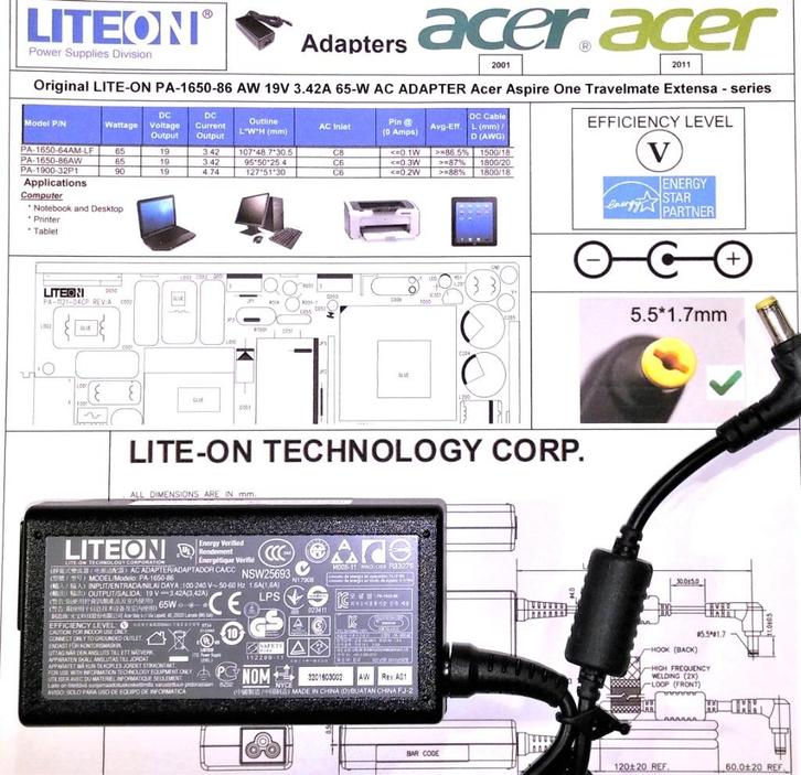 Acer Aspire LITE-On PA-1650-86 19V 3.42A 65W Adapter Oplader, Computers en Software, Laptop-opladers, Nieuw, Ophalen of Verzenden