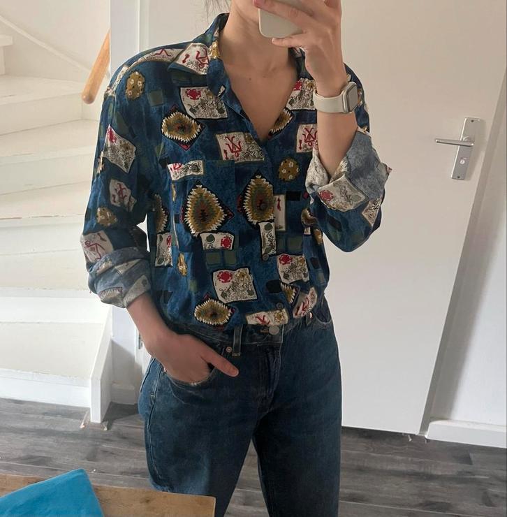 Vintage Camargue blouse 80s print - maat M/L, Kleding | Dames, Blouses en Tunieken, Zo goed als nieuw, Maat 38/40 (M), Blauw, Ophalen of Verzenden