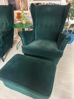 Donker groene fluwelen strandmon stoel met voetenbank, Huis en Inrichting, Fauteuils, Ophalen, Gebruikt, Mooie fluwele stof, 75 tot 100 cm