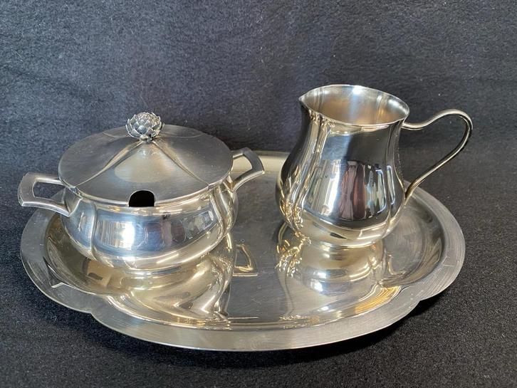 Verzilverd Roomstel met Dienblad, Antiek en Kunst, Antiek | Goud en Zilver, Ophalen of Verzenden