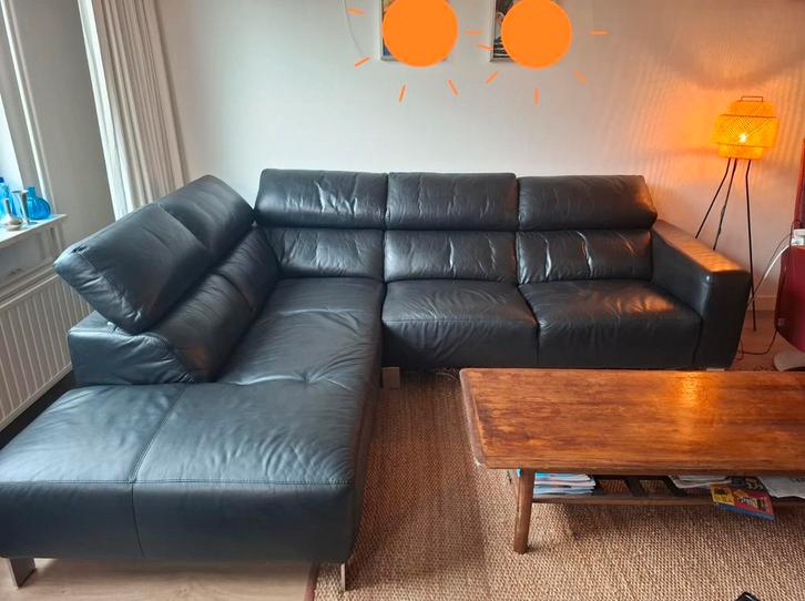 Zwart leren hoekbank, Huis en Inrichting, Banken | Bankstellen, Gebruikt, Hoekbank, Vierpersoons of meer, Leer, Ophalen