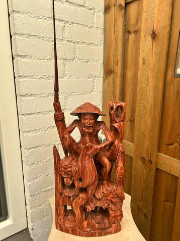 Houten Beeld Visser met Vissen Handgesneden Decoratie Kunstw beschikbaar voor biedingen