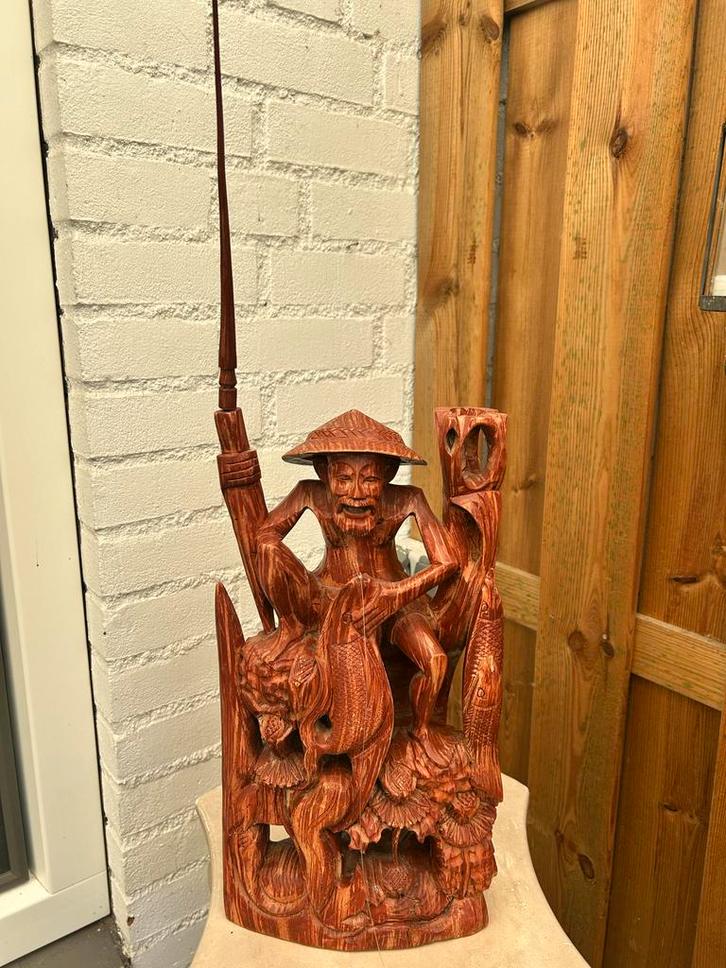 Houten Beeld Visser met Vissen Handgesneden Decoratie Kunstw, Antiek en Kunst, Kunst | Beelden en Houtsnijwerken, Ophalen of Verzenden