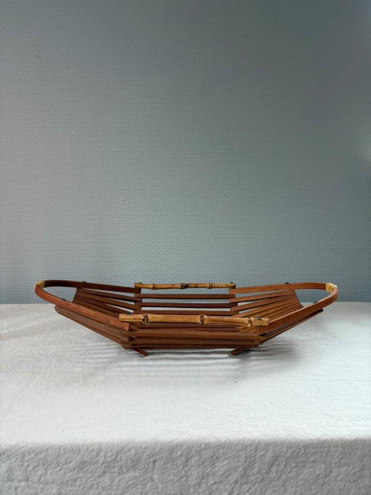 Vintage teakhouten & bamboe mcm schaal l34cm, Huis en Inrichting, Woonaccessoires | Schalen en Manden, Zo goed als nieuw, Schaal