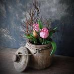 Set van houten pot met kunsttulpen roze., Ophalen of Verzenden, Nieuw