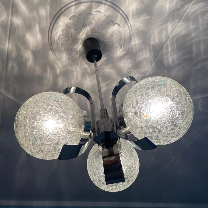 vintage glas/metaal hanglamp jaren 60, Huis en Inrichting, Lampen | Hanglampen, Zo goed als nieuw, Minder dan 50 cm, Glas, Metaal