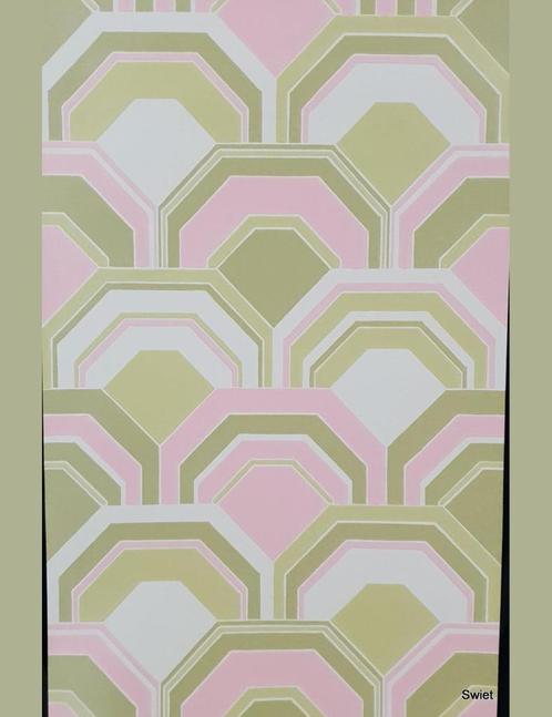 5032 seventies behang geometrisch roze groen wit retro swiet, Huis en Inrichting, Stoffering | Behang, Wit, Groen, Roze, minder dan 10 m²