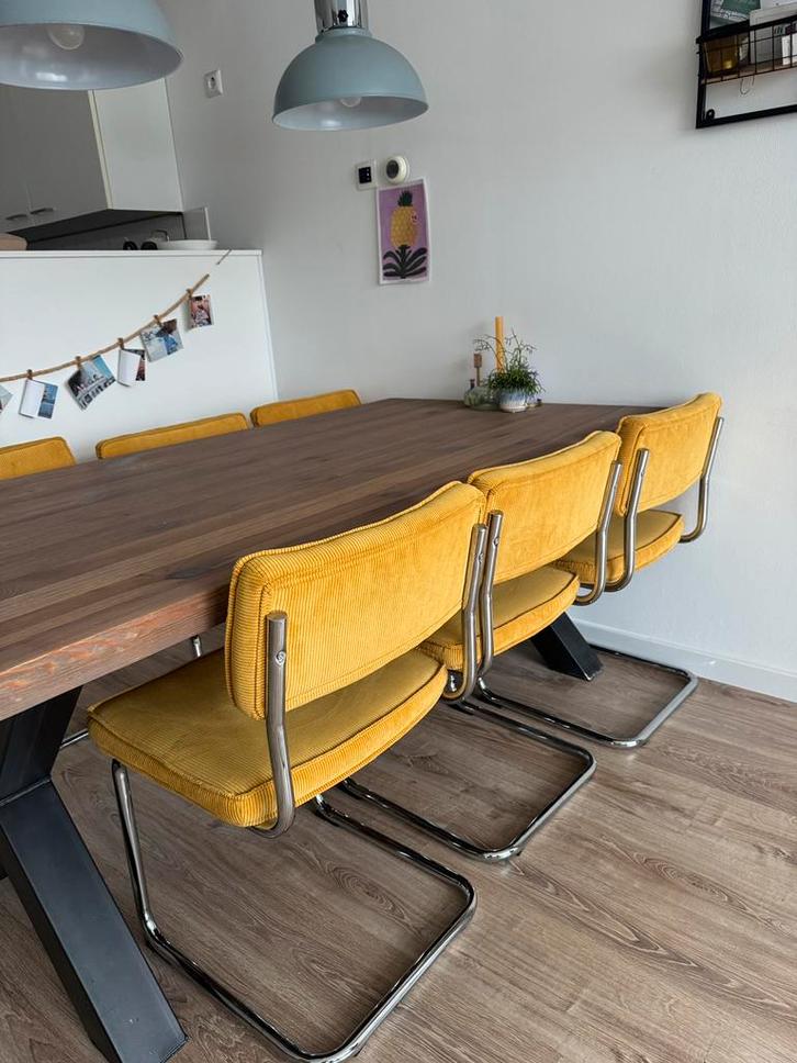 6x Okergele ribstof stoel/ buis stoelen - nette staat!, Huis en Inrichting, Stoelen, Gebruikt, Eén, Stof, Overige kleuren, Ophalen