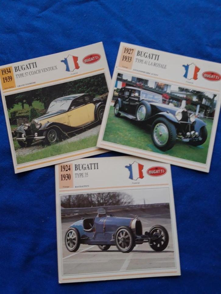 Bugatti - 3 verzamelkaarten, Verzamelen, Automerken, Motoren en Formule 1, Zo goed als nieuw, Auto's, Ophalen of Verzenden
