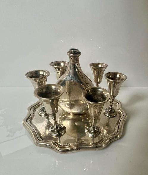 Zilveren miniatuur dienblad met wijnkelken / glazen, Antiek en Kunst, Antiek | Goud en Zilver, Zilver, Ophalen of Verzenden