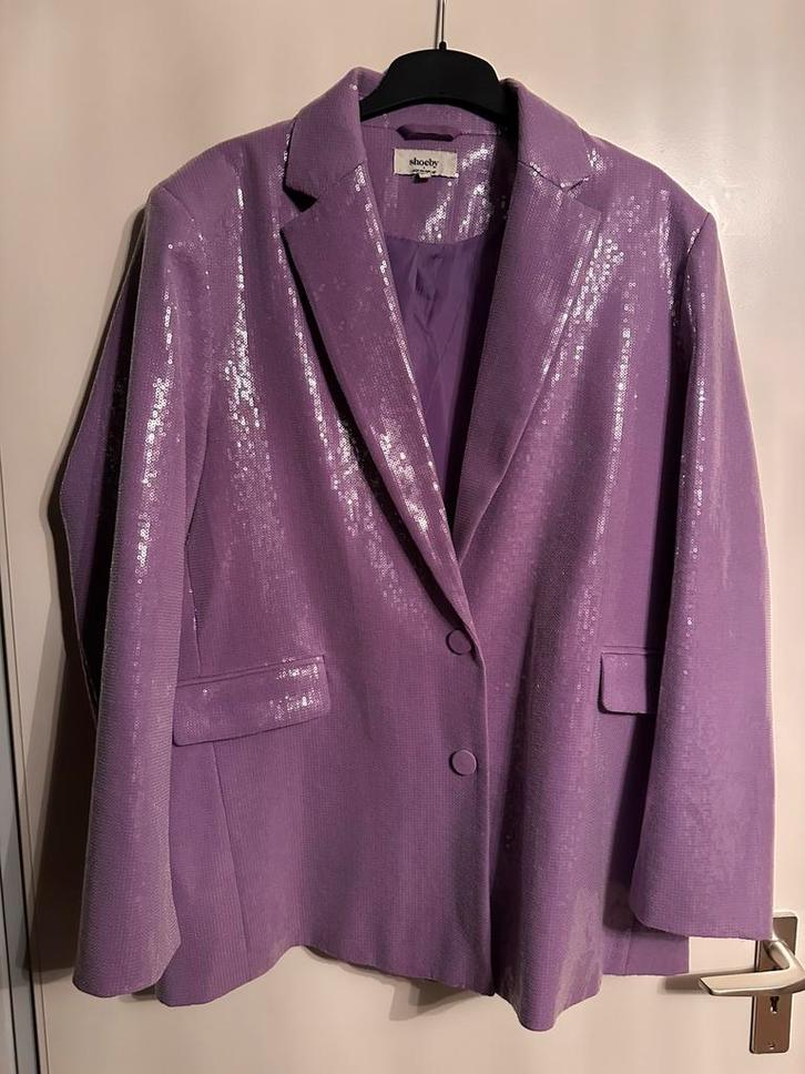 Soeby - Paillettenblazer lila, Kleding | Dames, Jasjes, Kostuums en Pakken, Zo goed als nieuw, Maat 46/48 (XL) of groter, Paars