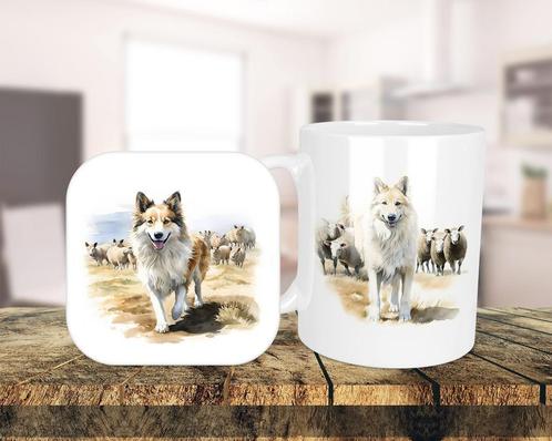 IJslandse Hond Aquarel Set onderzetter + mok, Huis en Inrichting, Keuken | Servies, Nieuw, Kop(pen) en/of Schotel(s), Overige stijlen
