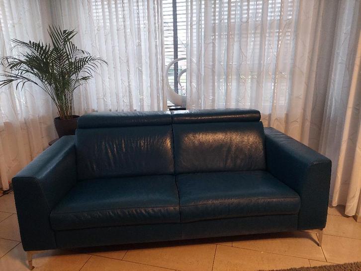 Gealux leren bank en relaxfauteuils kleur Aqua blauw/groen, Huis en Inrichting, Banken | Bankstellen, Gebruikt, Rechte bank, Driepersoons