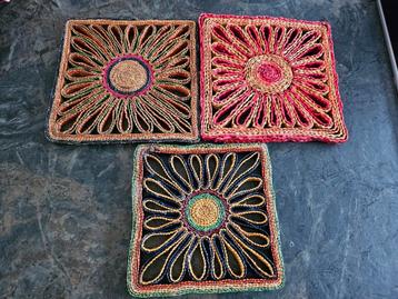 8x vintage rafia onderzetters diverse kleuren/vormen beschikbaar voor biedingen