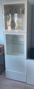 Vitrinekast besta IKEA, wit hoogglans met lade en glas, 50 tot 100 cm, Glas, 25 tot 50 cm, 150 tot 200 cm