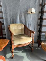 Vintage fauteuil met webbing en houten details, Antiek en Kunst, Ophalen of Verzenden