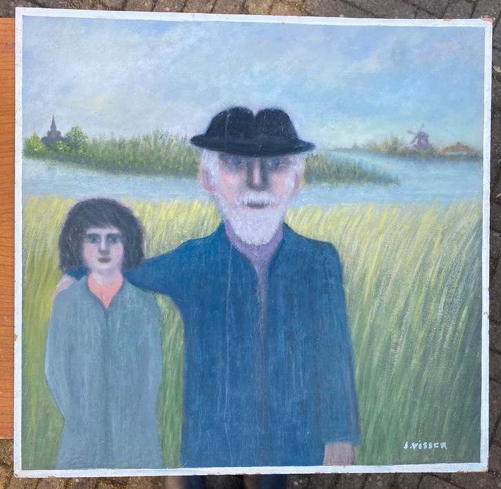 Schilderij J. Visser - Opa en kleinkind, Antiek en Kunst, Kunst | Schilderijen | Modern, Ophalen of Verzenden