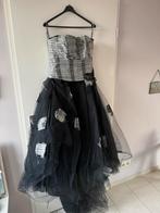 Unieke feest/trouwjurk van zijde/tule in zwart, wit en grijs, Galajurk, Zwart, Maat 42/44 (L), Ophalen of Verzenden
