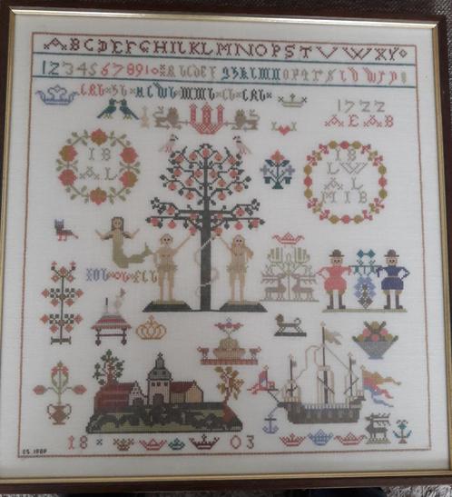 Merklap in zachte groen- en pasteltinten mooi ingelijst, Hobby en Vrije tijd, Borduren en Borduurmachines, Overige typen, Ophalen of Verzenden